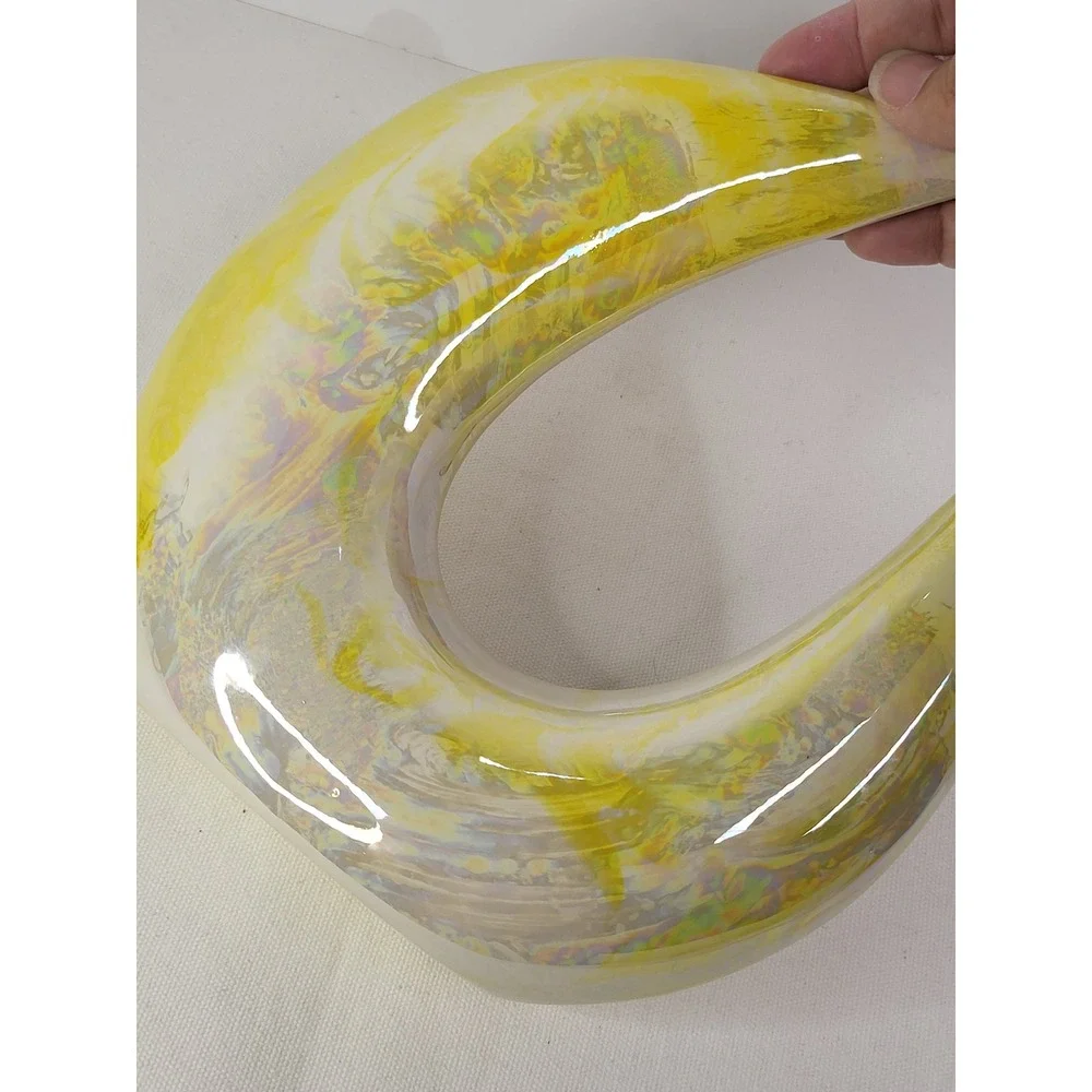 Vintage Iridescent Yellow Marbled Ceramic Crescent Moon Vase Art Pottery 8.5